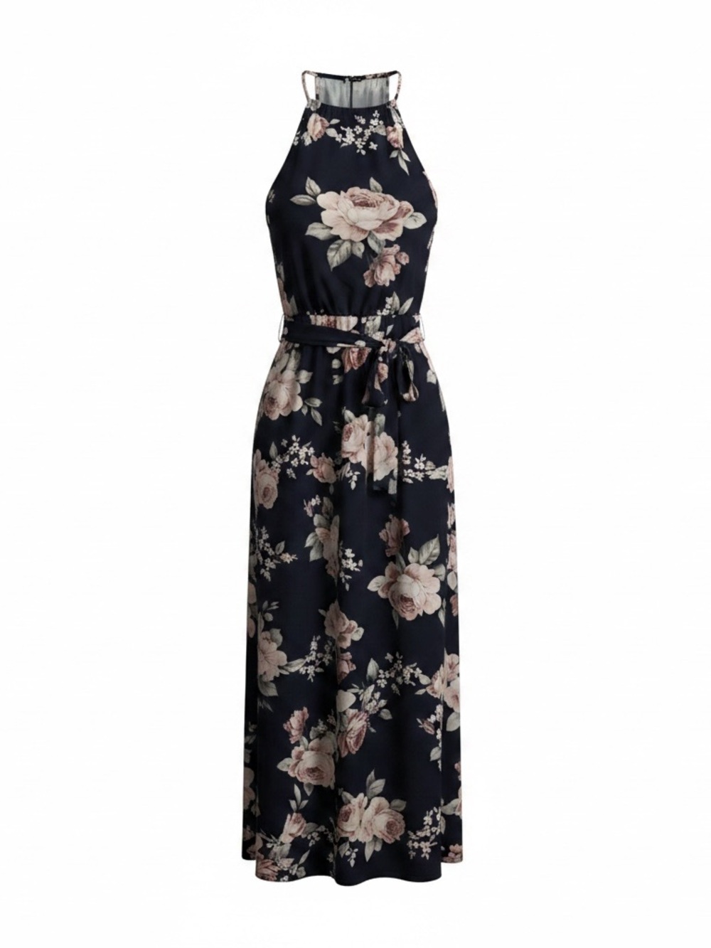 Shein Women's Navy Floral Summer Vacay Halter Belted Maxi Dress